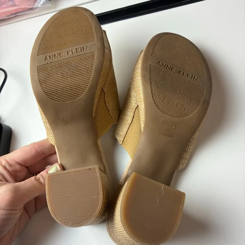 Anne Klein Payge Raffia Block Platform Heels Slip On Sandals 7.5 iFlex Stretch